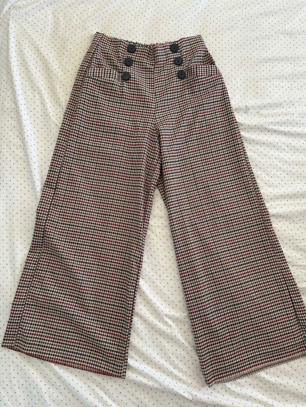 ZARA Plaid Wide Leg Trousers | High Waisted | Button Detail | Size S